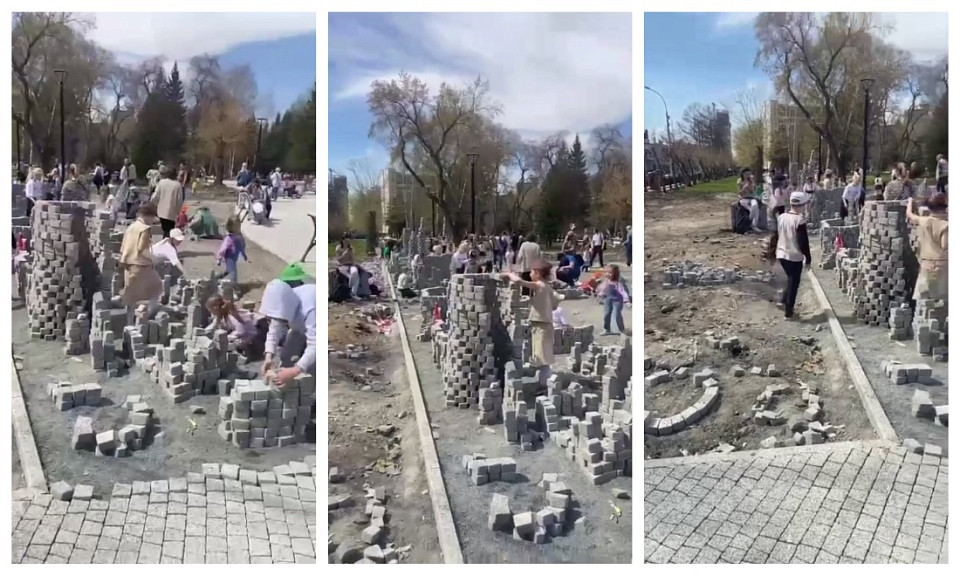 В Новосибирске дети построили замки из брошенной рабочими плитки