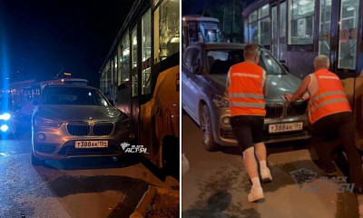 BMW ночью заблокировал трамваи в Новосибирске
