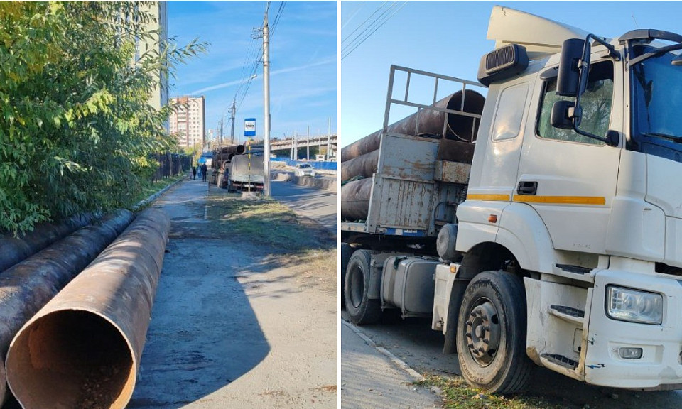 Пьяный водитель КамАЗа рассыпал трубы на площади Труда в Новосибирске